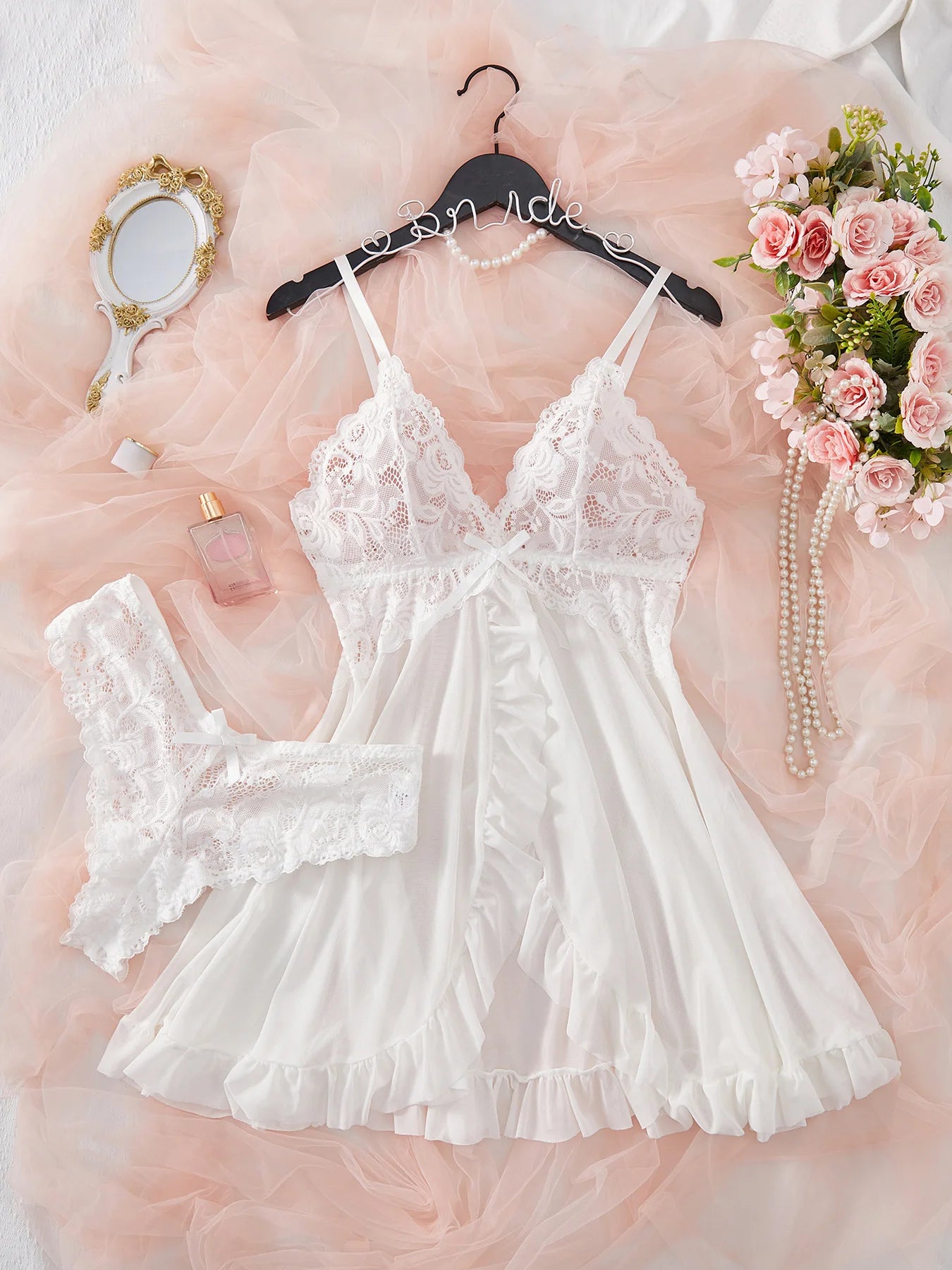 Sexy Lace Lingerie Nightdress Set With V-Neck Slip