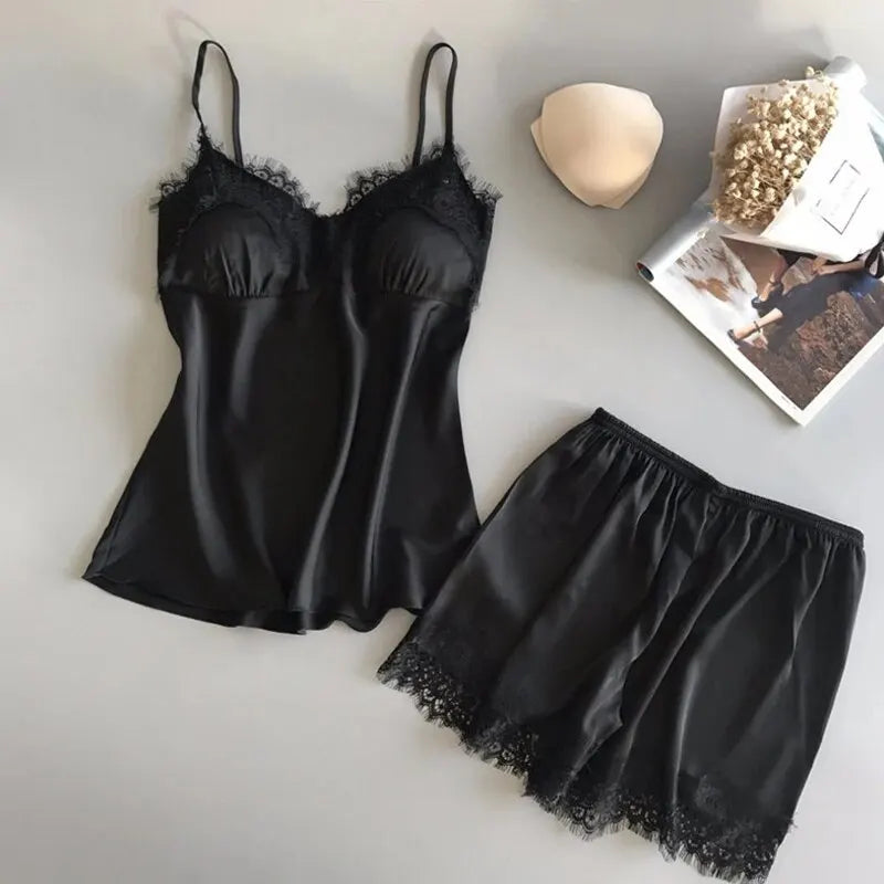 Women’s Lace Satin Pajama Set V-Neck Cami And Shorts