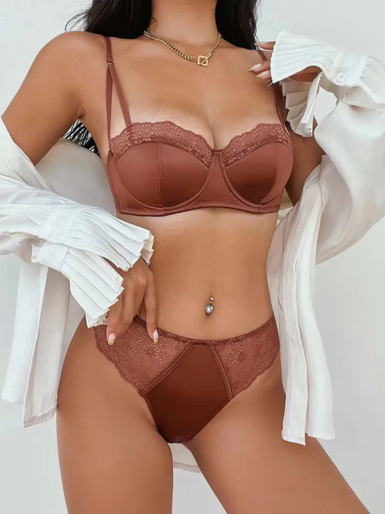 Lace Embroidery Satin Push Up Bra And Panty Set