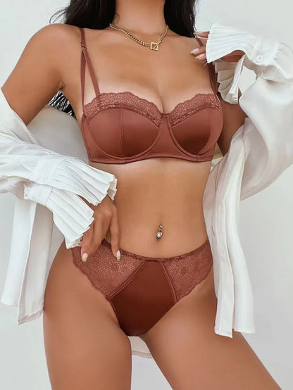 Lace Embroidery Satin Push Up Bra And Panty Set