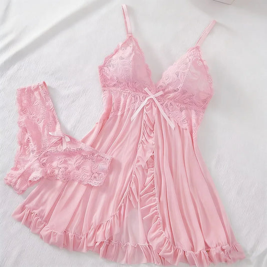 Sexy Lace Lingerie Nightdress Set With V-Neck Slip