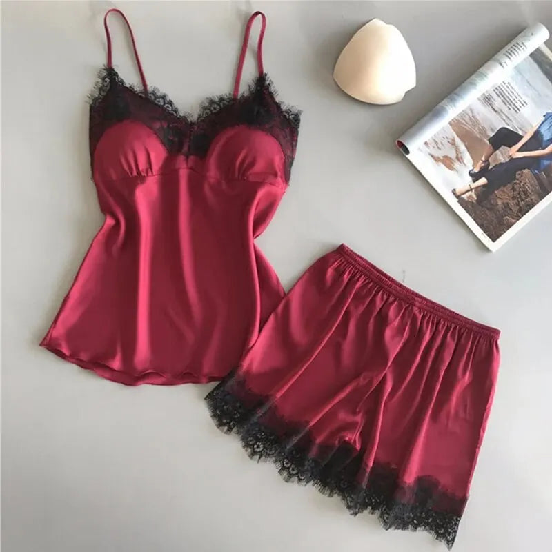 Women’s Lace Satin Pajama Set V-Neck Cami And Shorts