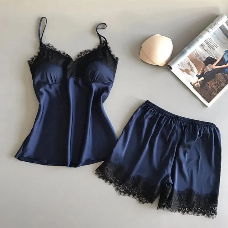 Women’s Lace Satin Pajama Set V-Neck Cami And Shorts