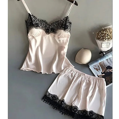 Women’s Lace Satin Pajama Set V-Neck Cami And Shorts