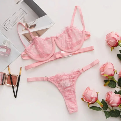 Lace Embroidered Push Up Bra And Brief Lingerie Set