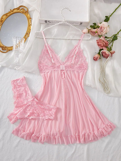 Sexy Lace Lingerie Nightdress Set With V-Neck Slip