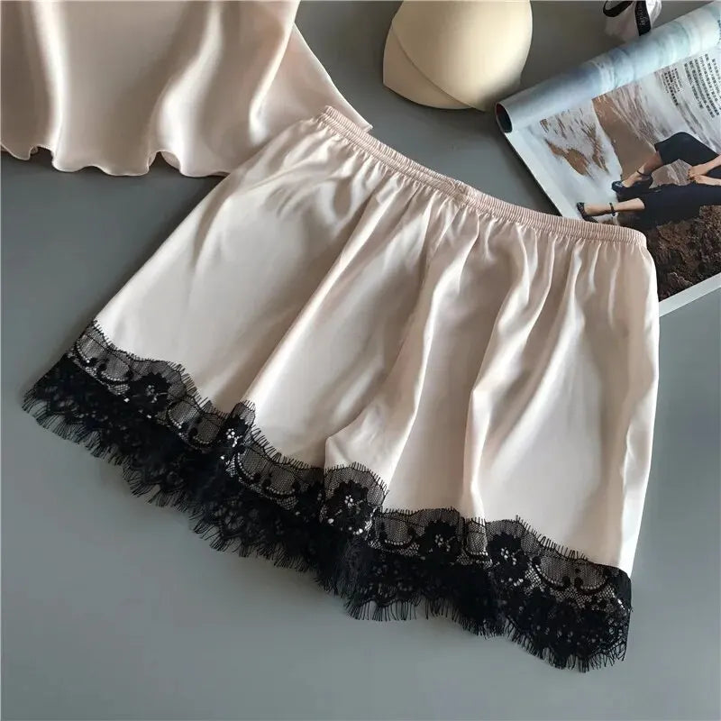 Women’s Lace Satin Pajama Set V-Neck Cami And Shorts