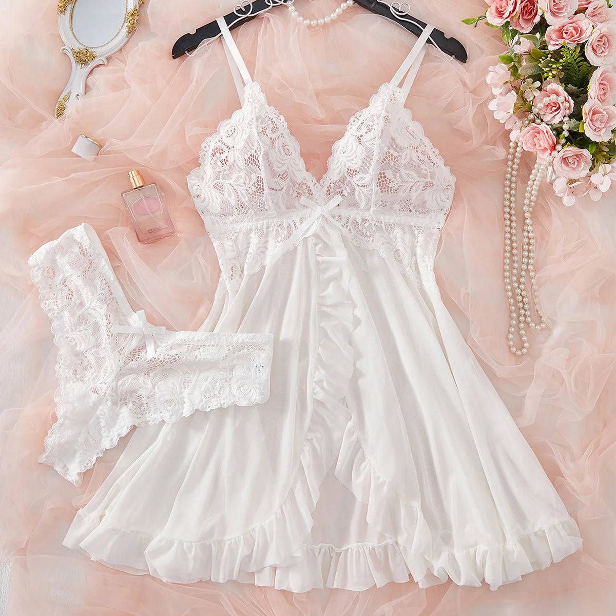 Sexy Lace Lingerie Nightdress Set With V-Neck Slip