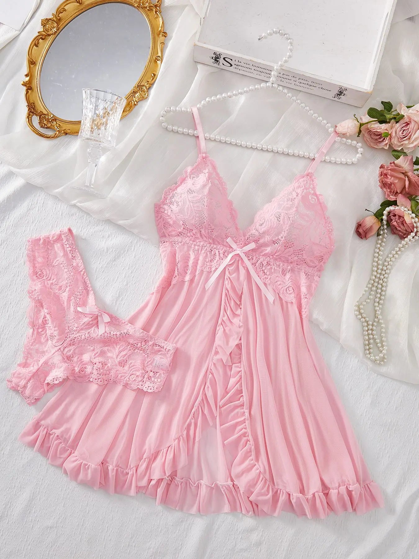 Sexy Lace Lingerie Nightdress Set With V-Neck Slip